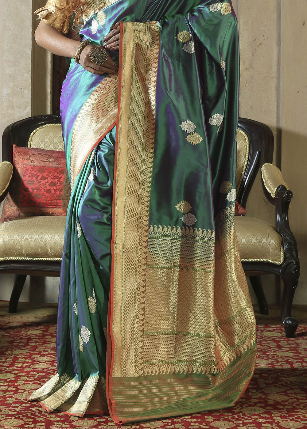 Buy MySilkLove Wintergreen Blue and Golden Katan Pure Silk Handwoven Booti Saree Online