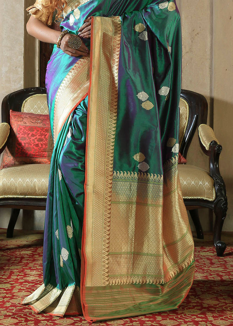 Wintergreen Blue and Golden Katan Pure Silk Handwoven Booti Saree