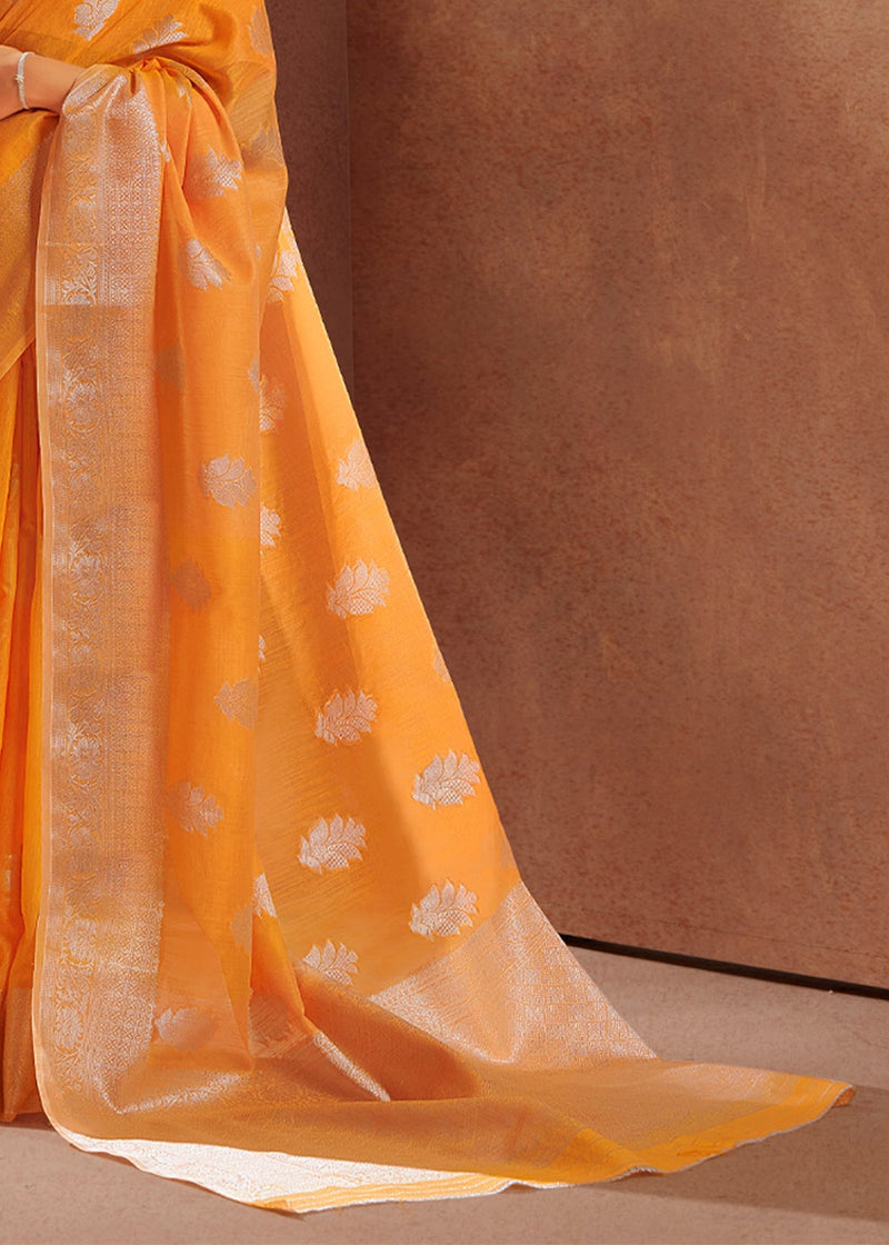 Neon Carrot Orange Zari Woven Banarasi Linen Saree