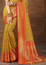 Saffron Yellow and Red Zari Woven Banarasi Saree