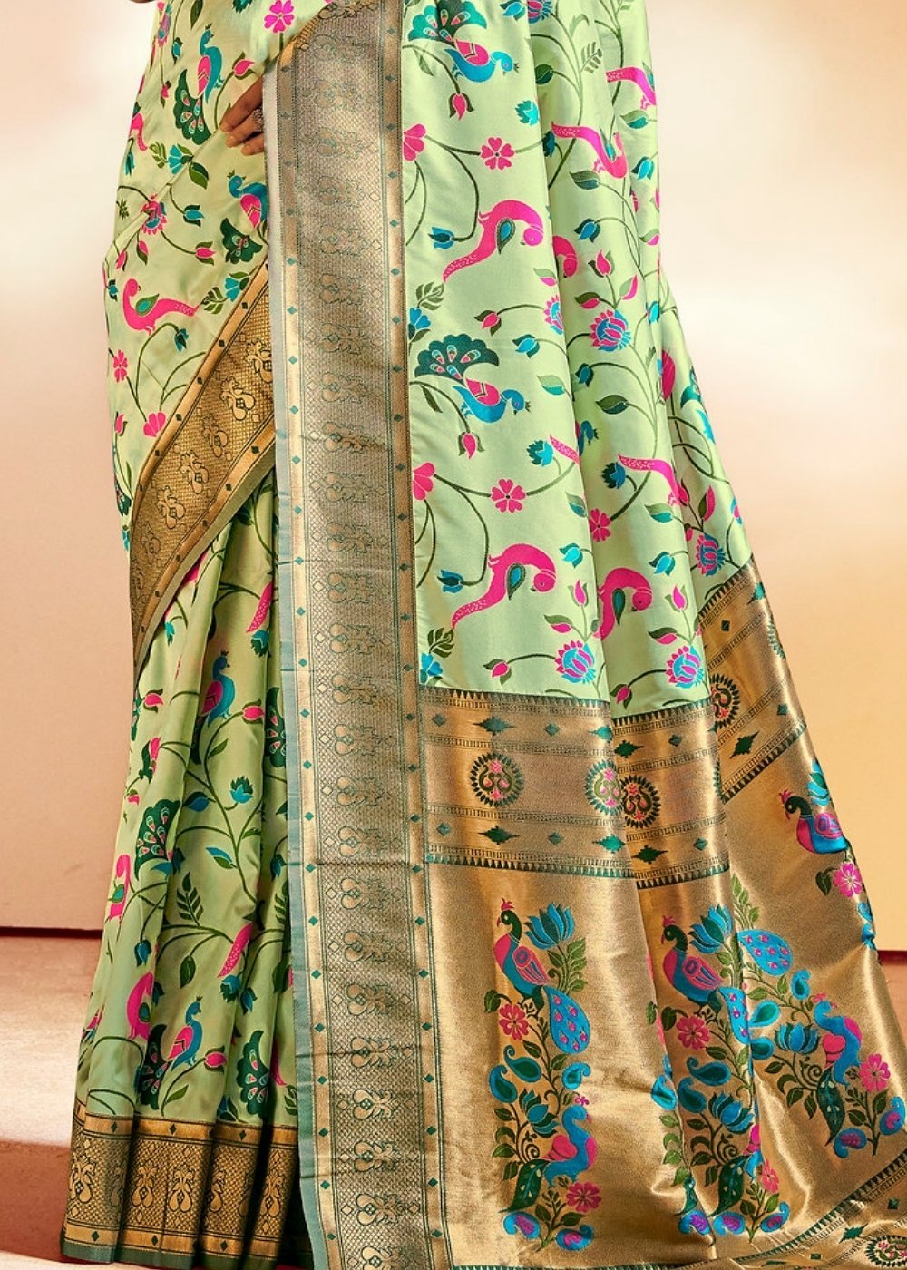 Buy MySilkLove Deco Light Green Zari Woven Banarasi Paithani Fusion Saree Online