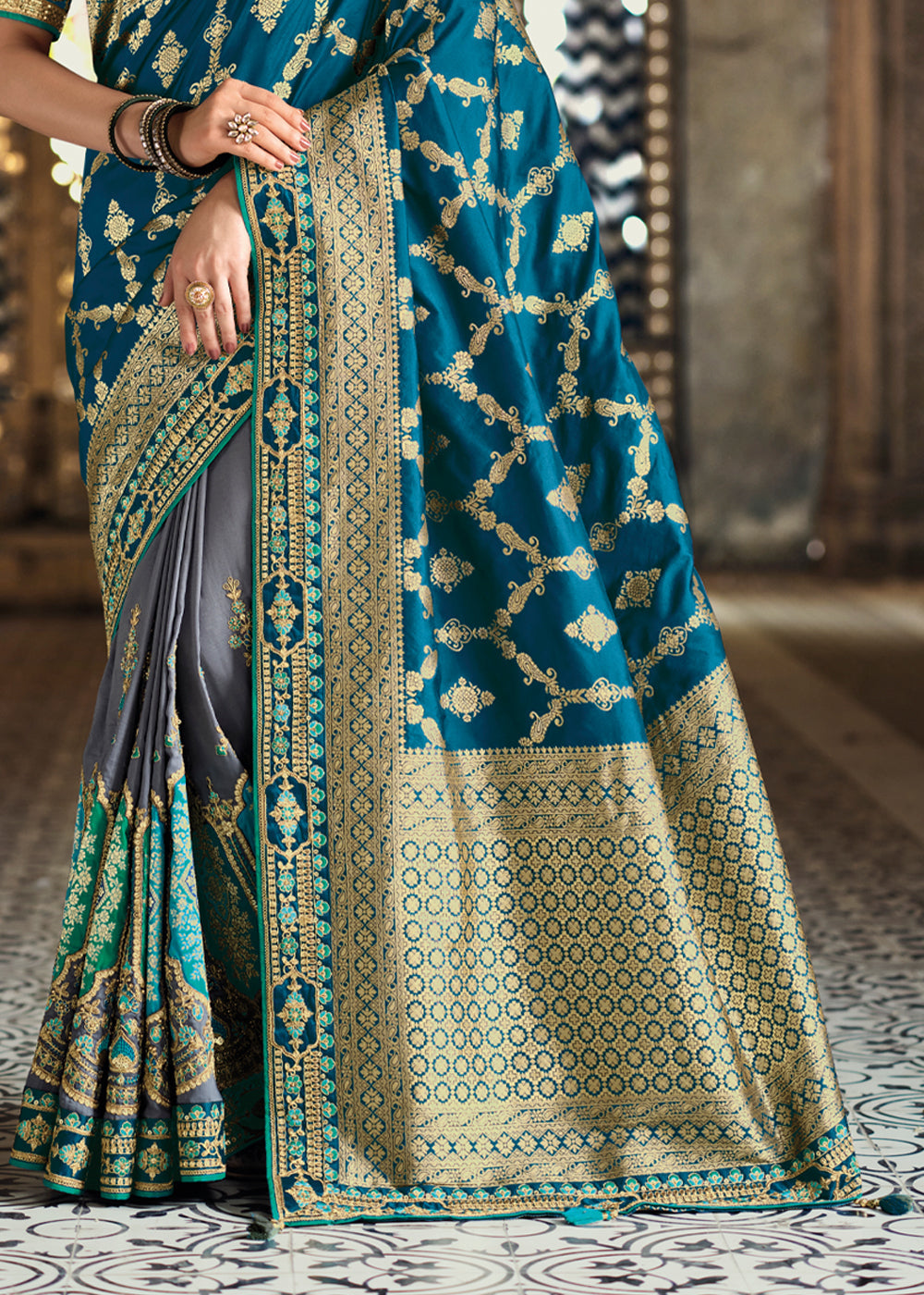 Buy MySilkLove Viridian Blue Zari Woven Designer Banarasi Saree Online