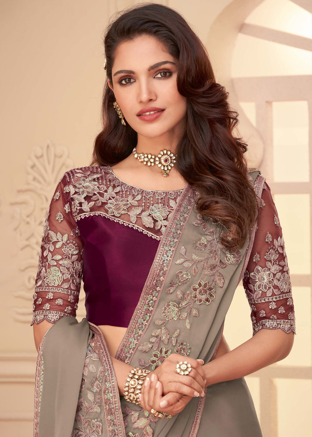 MySilkLove Quicksand Grey Georgette Designer Saree with Embroidered Blouse