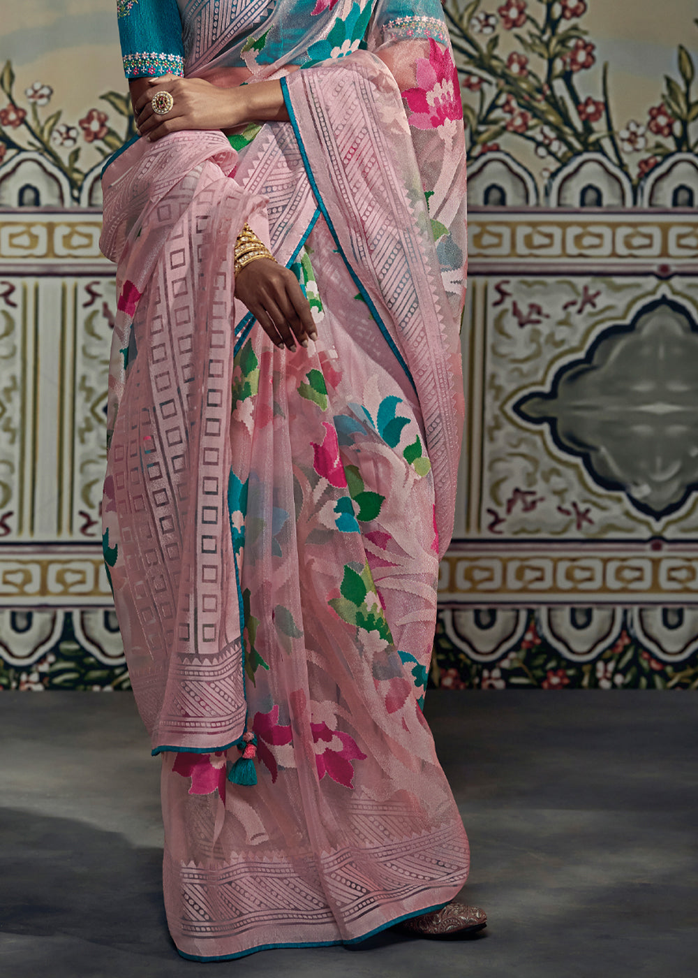 Buy MySilkLove Cavern Pink and Blue Woven Soft Silk Saree with Embroidered Blouse Online