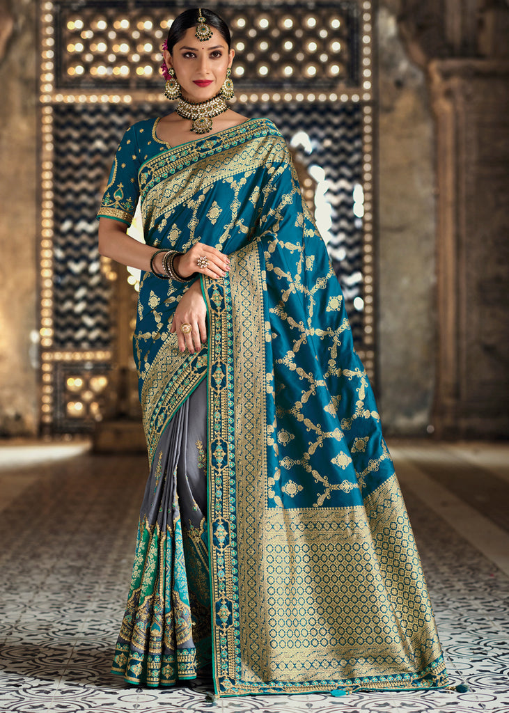 Buy MySilkLove Viridian Blue Zari Woven Designer Banarasi Saree Online