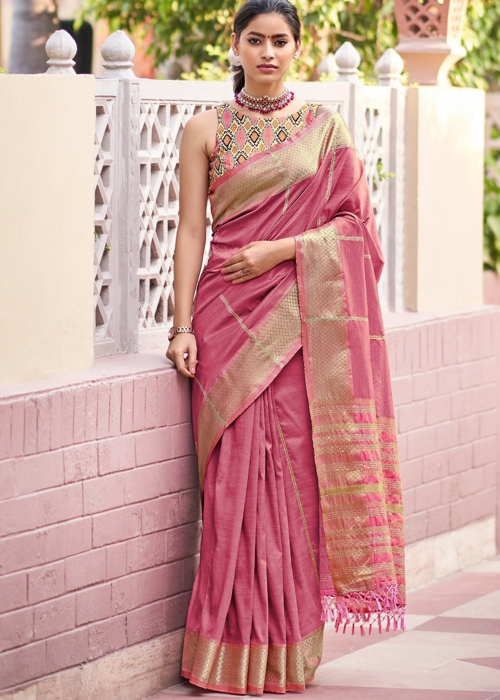 Buy MySilkLove Cinnamon Satin Pink Zari Woven South Silk Saree Online