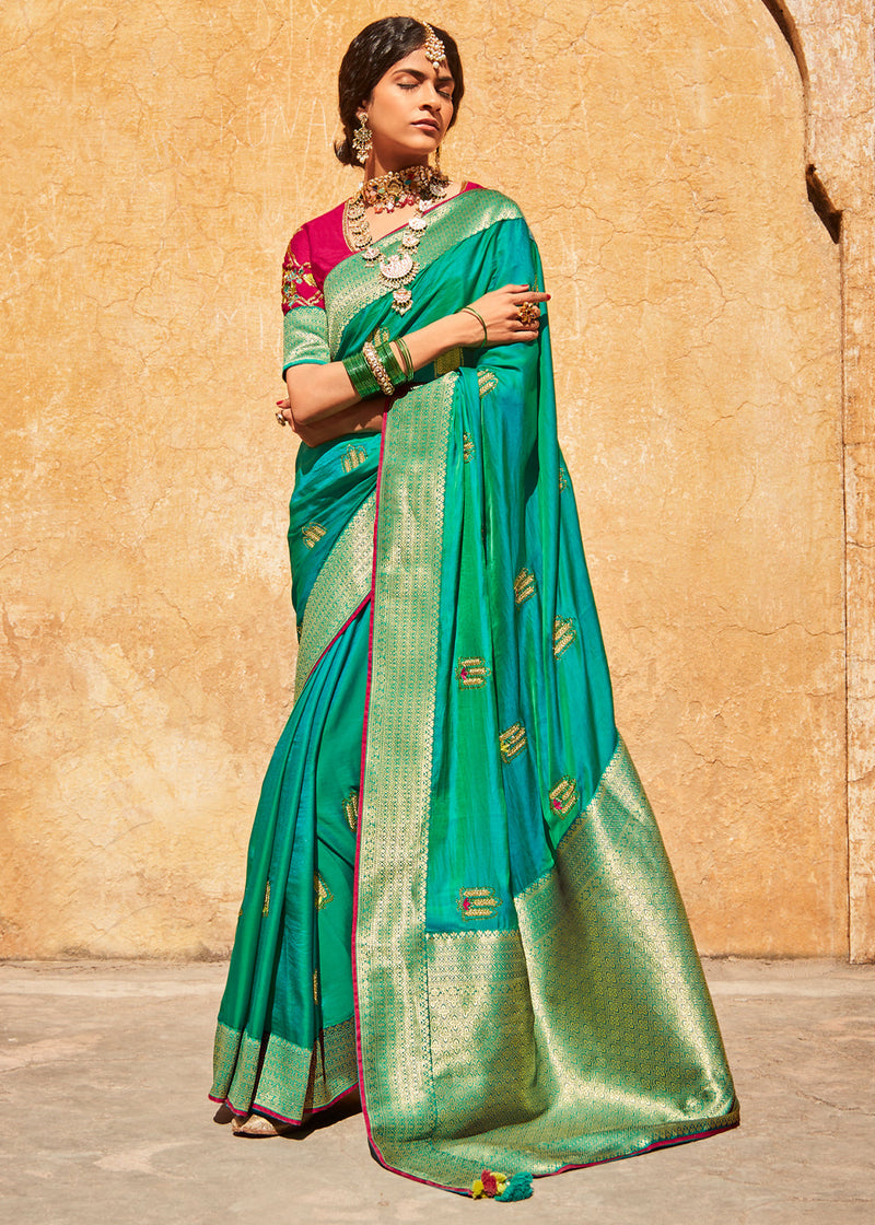 Pine Green and Pink Zari Woven Designer Banarasi Saree