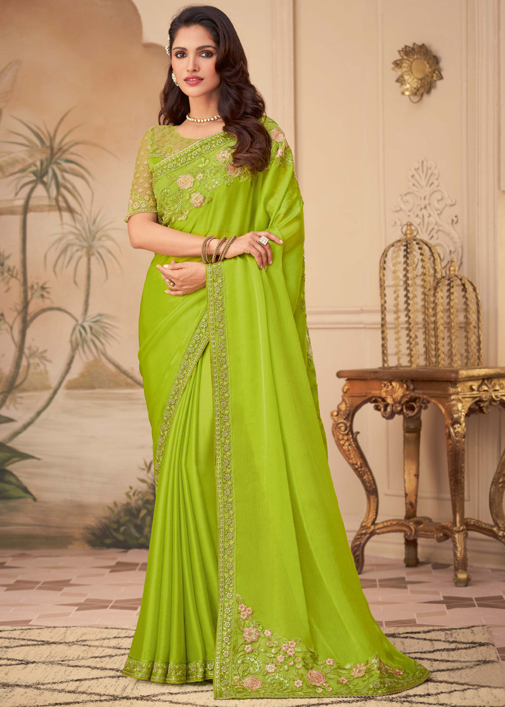 Buy MySilkLove Pistachio Green Georgette Designer Saree with Embroidered Blouse Online