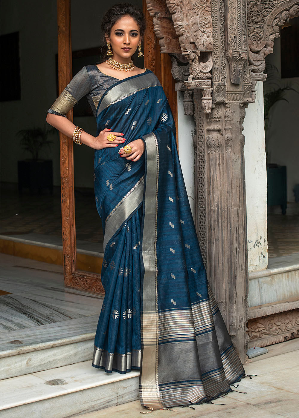 Buy MySilkLove Elephant Blue Zari Woven Tussar Silk Saree Online