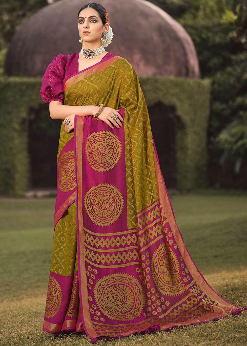 Buy MySilkLove Marigold Green and Pink Soft Brasso Silk Saree Online