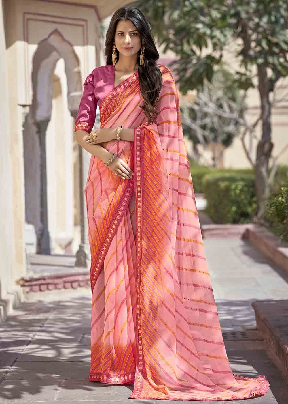 Buy MySilkLove Deep Blush Pink Printed Georgette Saree Online