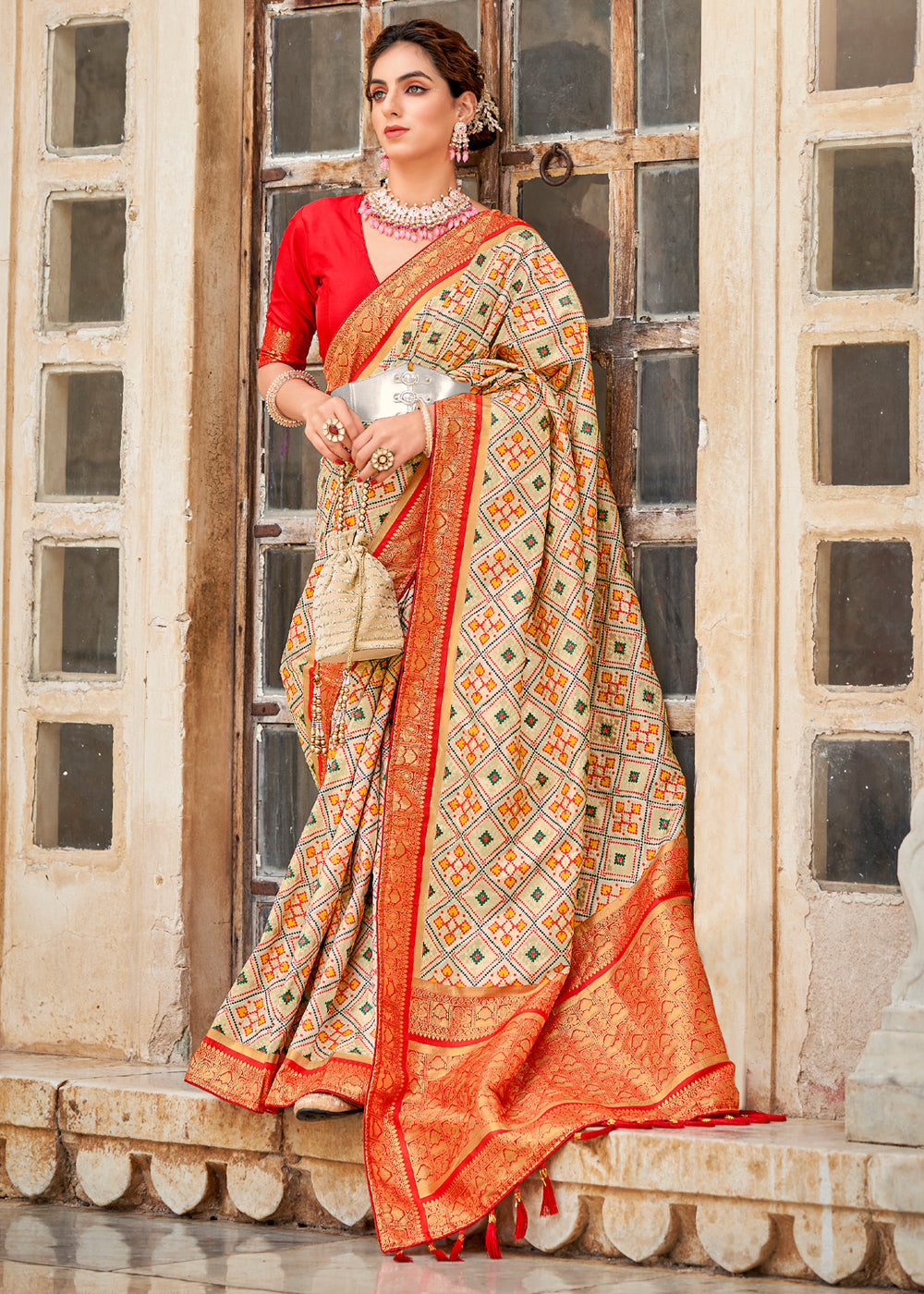 Buy MySilkLove Apricot Cream and Red Zari Woven Patola Saree Online