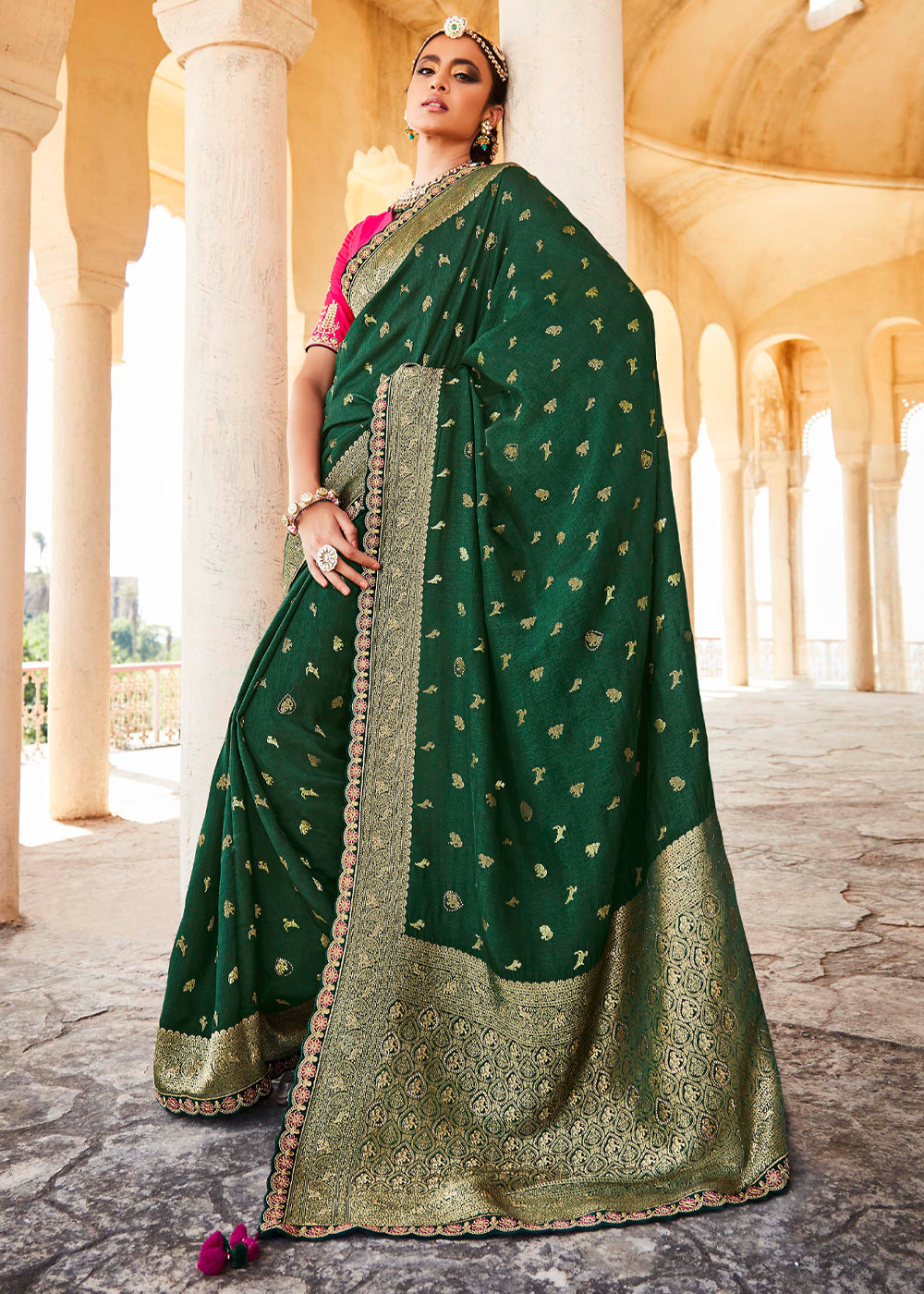 Buy MySilkLove Finlandia Green and Pink Zari Woven Designer Banarasi Saree Online