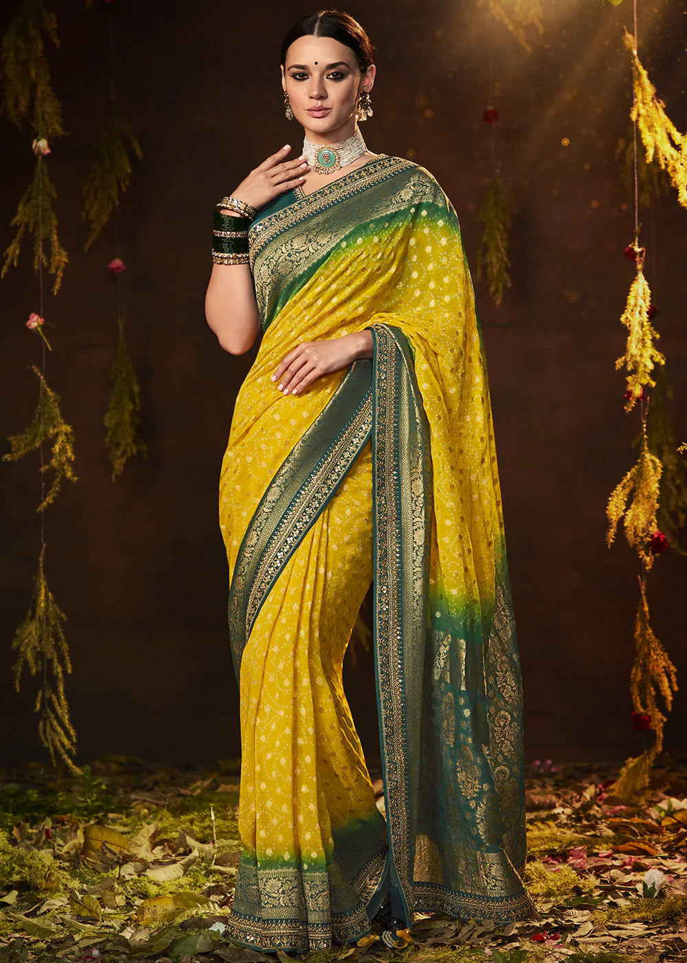 Buy MySilkLove Yellow and Green Handloom Georgette Saree with Embroidered Blouse Online