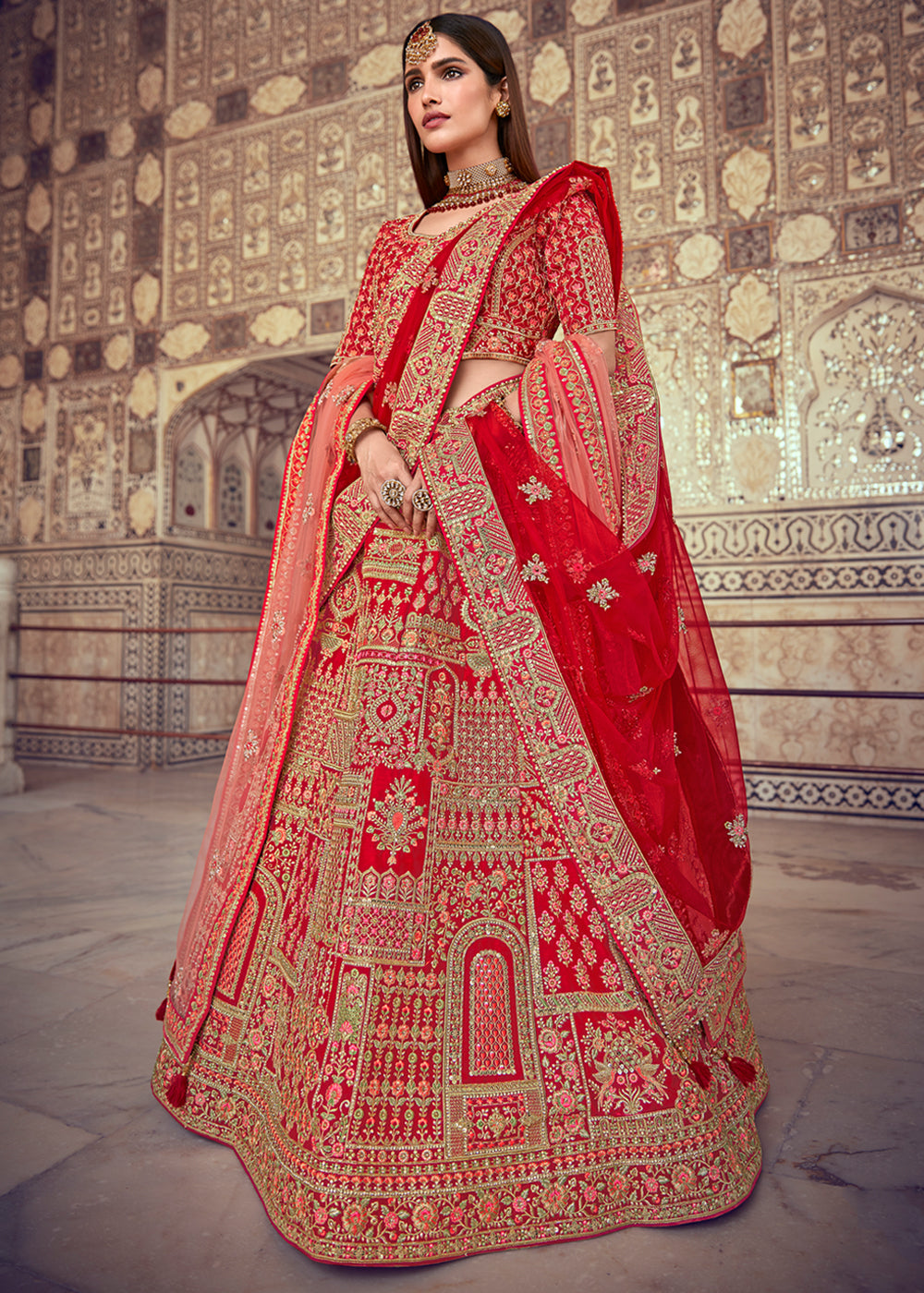 Buy MySilkLove Thunderbird Red Heavy Embroidered Designer Lehenga Online