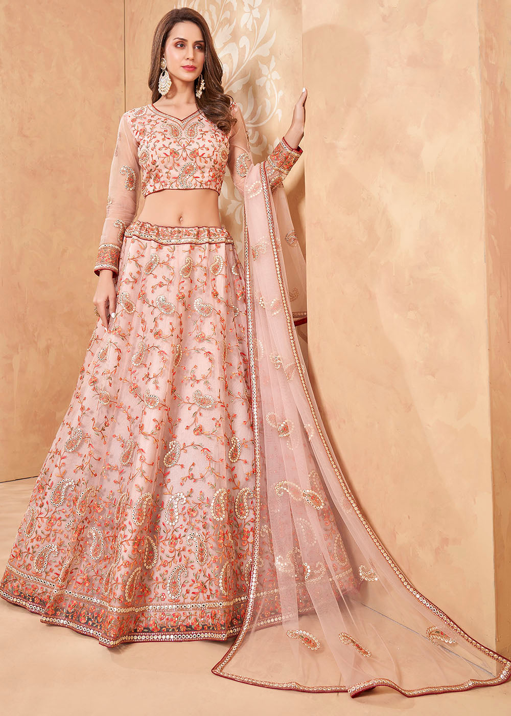 Buy MySilkLove Cavern Pink Designer Net Lehenga with Multi Thread Embroidery Work Online