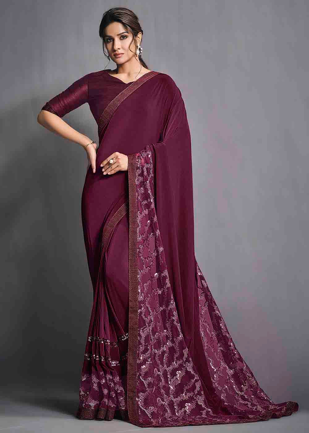 Buy MySilkLove Rose Dust Purple Designer Lycra Saree with Embroidery Work Online