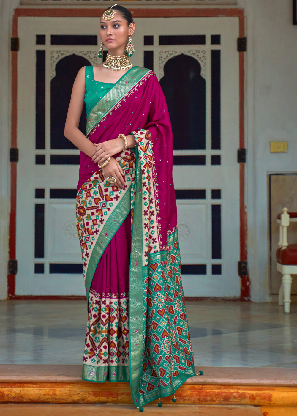 Buy MySilkLove Camelot Dark Pink and Green Woven Patola Silk Saree Online