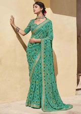 Jet Stream Green Patola Print Georgette Saree With Embroidered Blouse