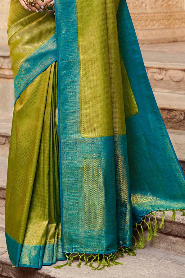 Buy MySilkLove Lemon Ginger Green and Blue Zari Woven Kanjivaram Saree Online