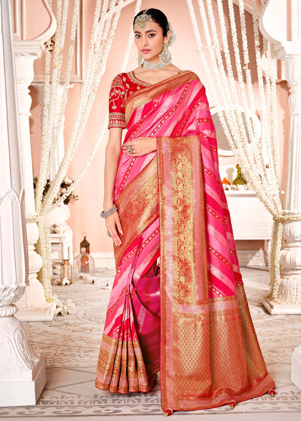 Buy MySilkLove Carnation Pink and Red Zari Woven Banarasi Saree with Designer Blouse Online