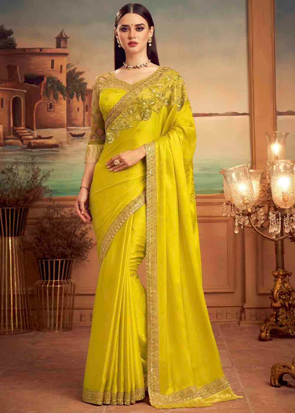 Buy MySilkLove Tulip Tree Yellow Embroidered Satin Silk Designer Saree Online