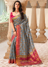 Star Dust Grey Woven Banarasi Raw Silk Saree