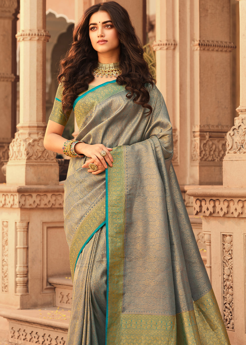 Buy MySilkLove Pale Oyster Grey and Blue Zari Woven Kanjivaram Saree Online