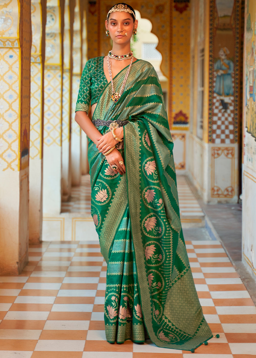 Buy MySilkLove Pine Green Zari Woven Banarasi Saree Online