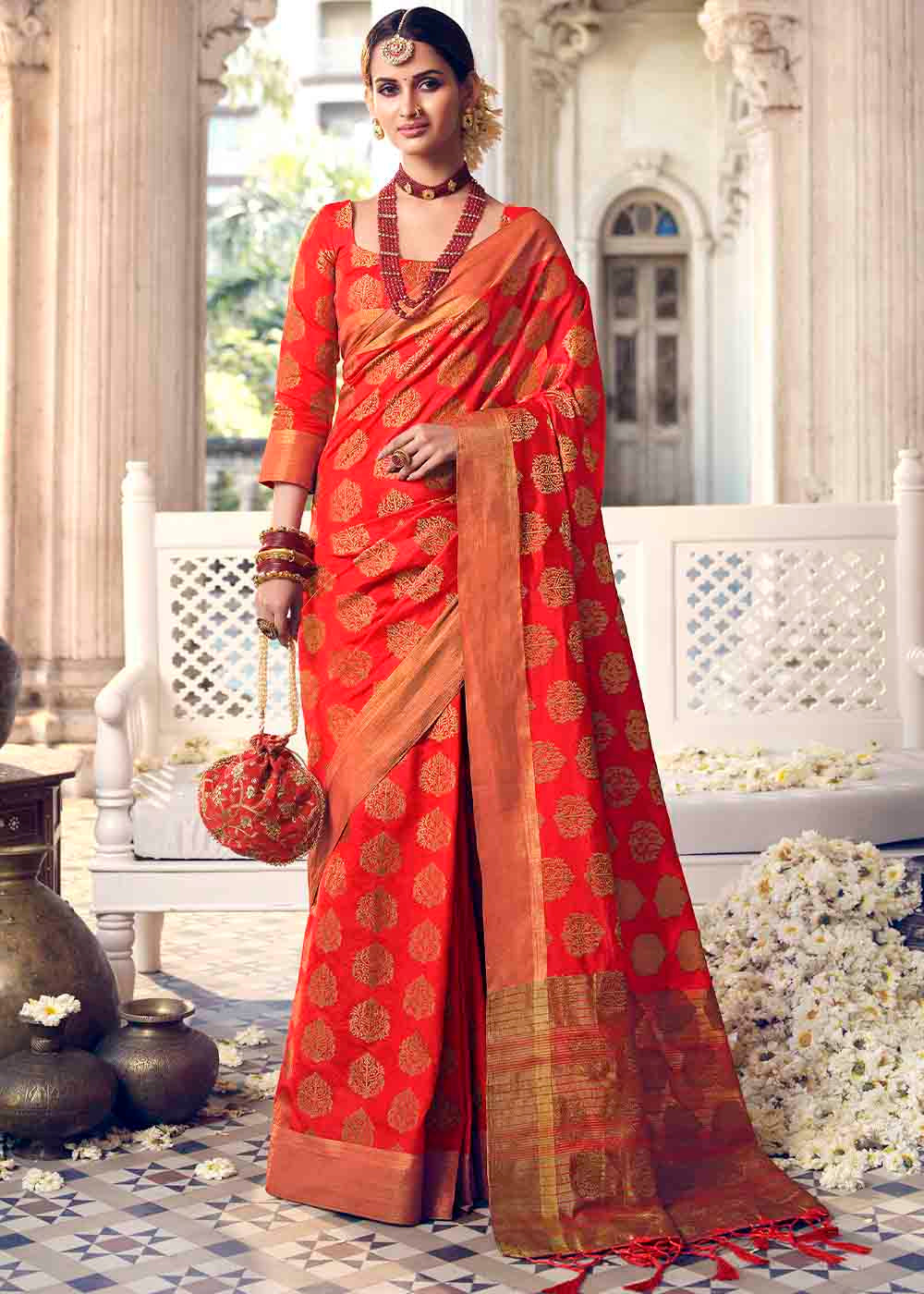 Buy MySilkLove Coral Orange Zari Woven Banarasi Raw Silk Saree Online