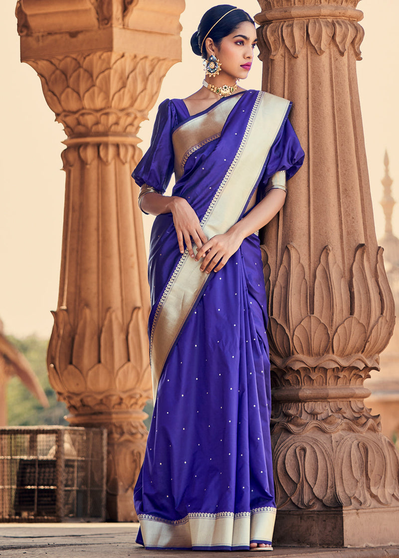 Cosmic Cobalt Blue Woven Banarasi Satin Silk Saree