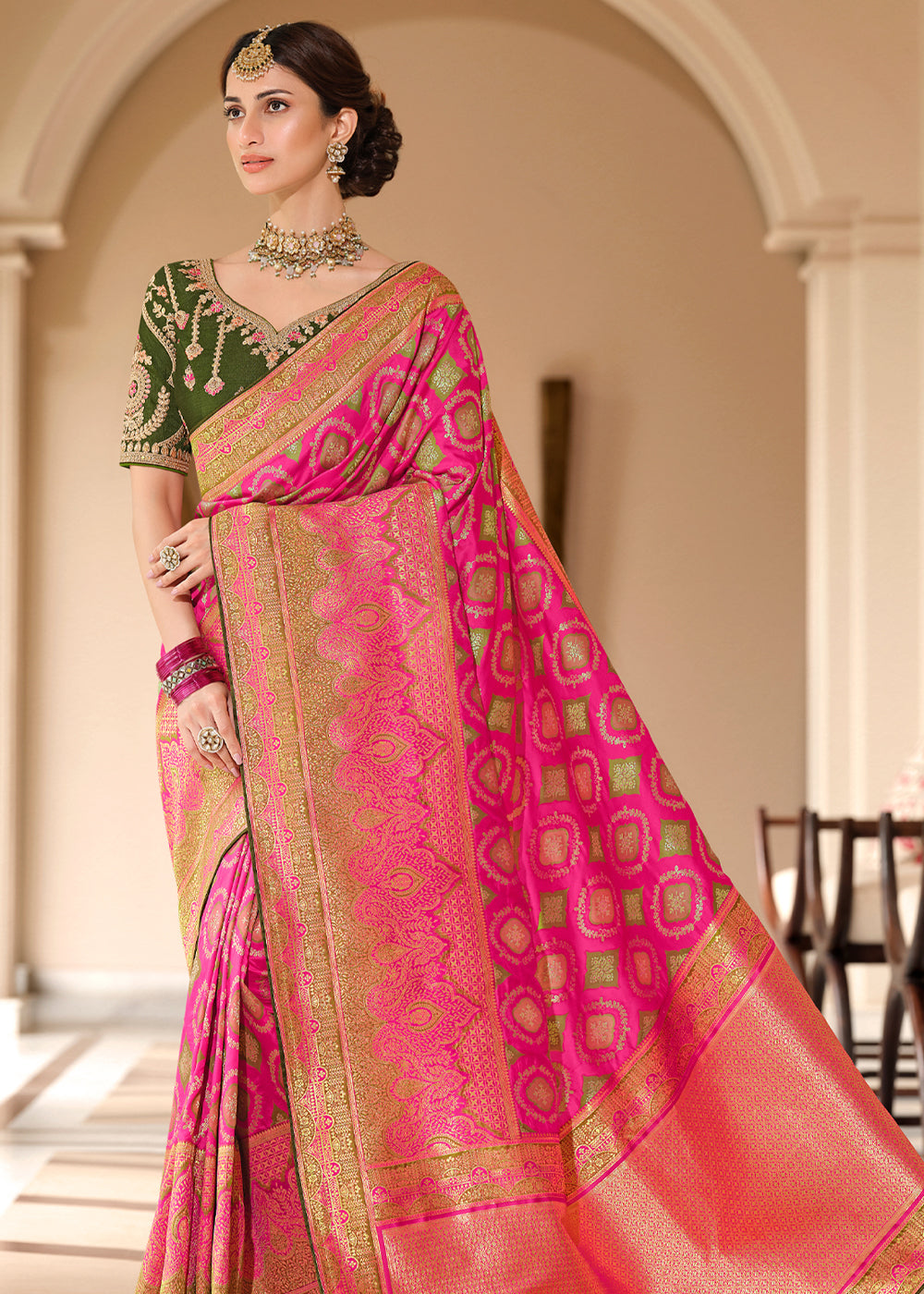 Buy MySilkLove Geraldine Pink and Green Woven Designer Banarasi Silk Saree Online