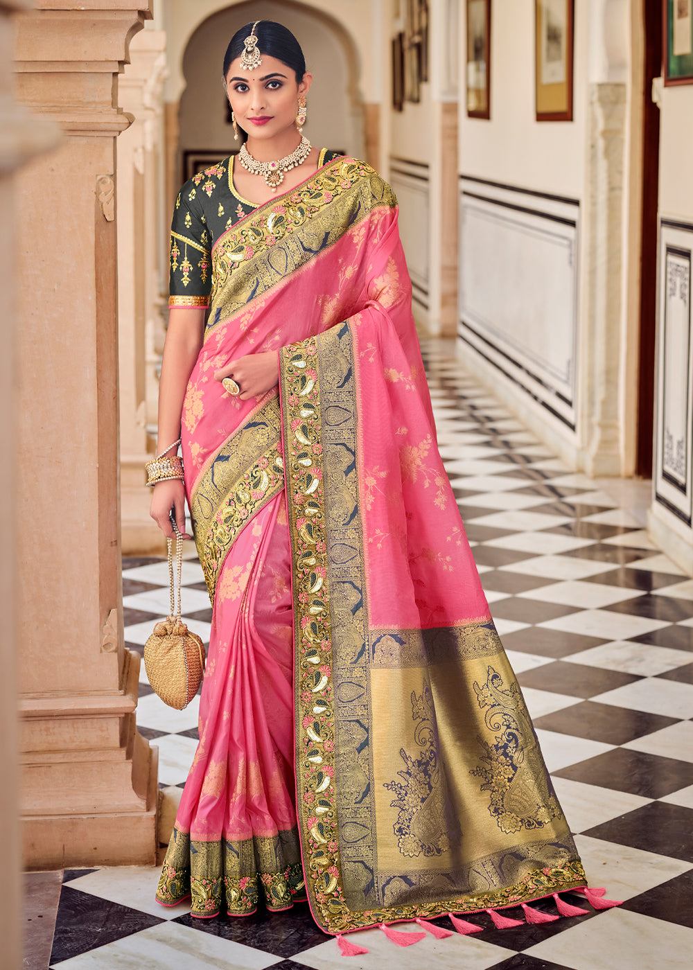 Buy MySilkLove Candy Pink and Grey Zari Woven Designer Banarasi Saree Online