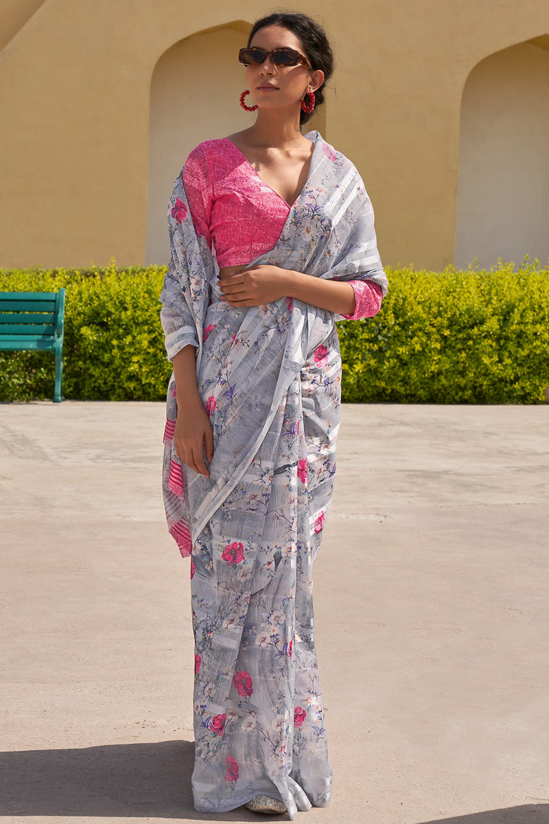Mountain Mist Grey and Pink Digital Printed Linen Floral Saree