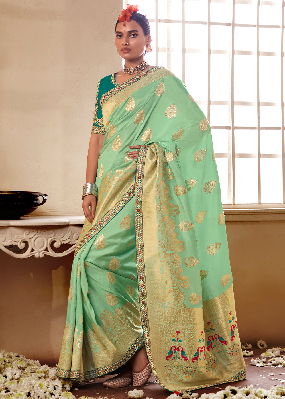 Buy MySilkLove Spring Rain Green Banarasi Saree with Designer Blouse Online