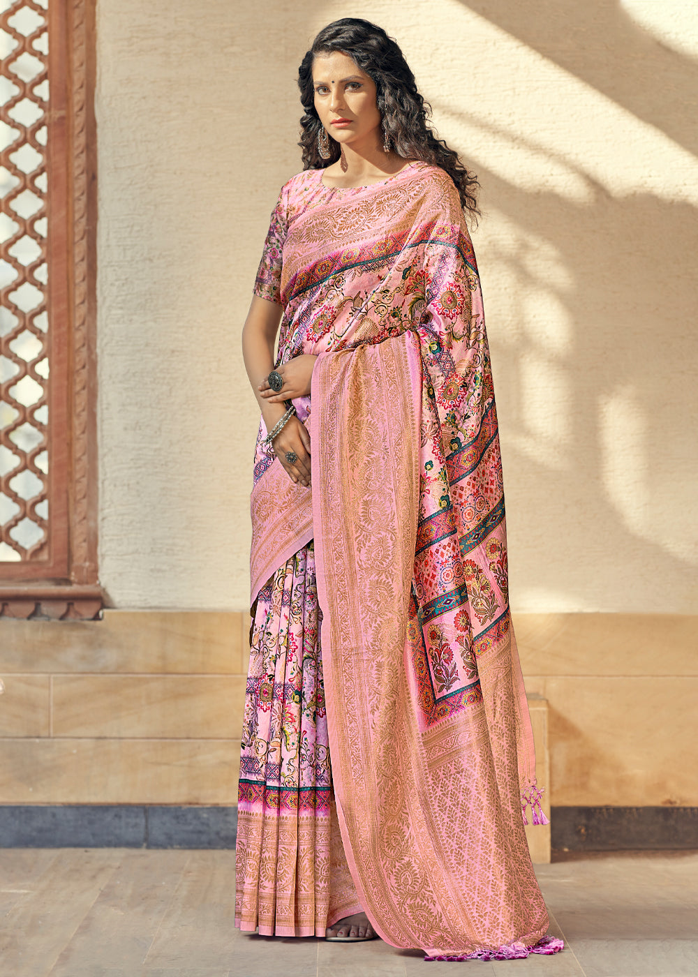 Buy MySilkLove Shimmering Pink Digital Printed Jacquard Silk Saree Online