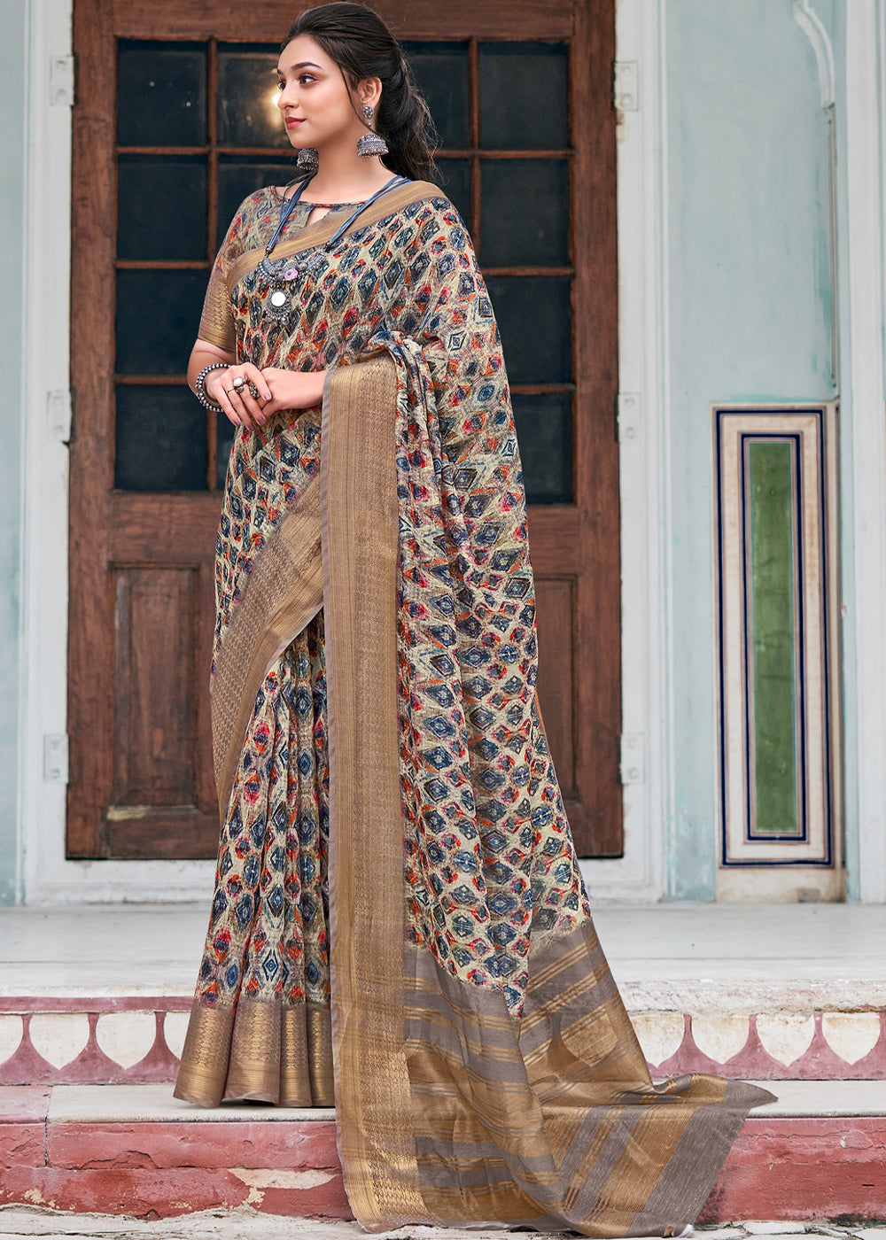 Buy MySilkLove Dirt Brown Banarasi Printed Saree Online