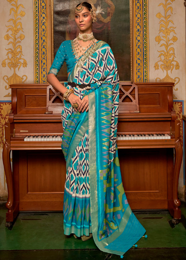 Tradewind White and Blue Patola Silk Saree