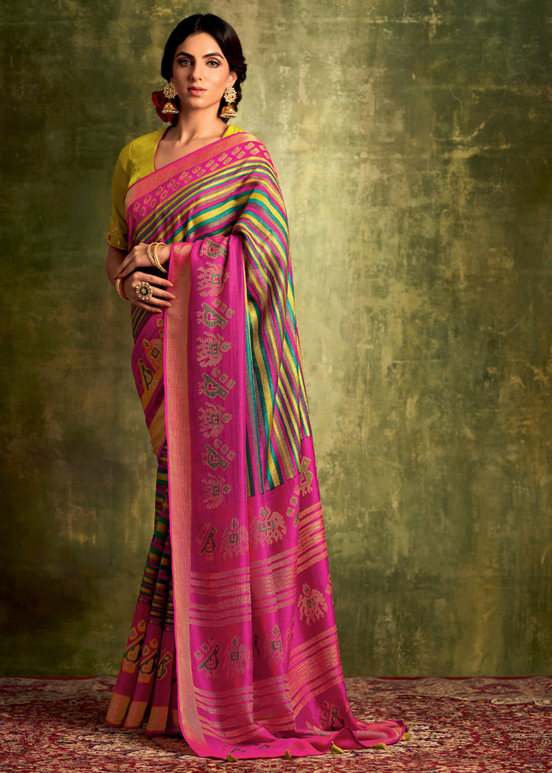 Tulip Pink Green Multicolored Banarasi Printed Saree with Embroidered Blouse