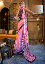 Viola Pink and Black Printed Satin Silk Saree