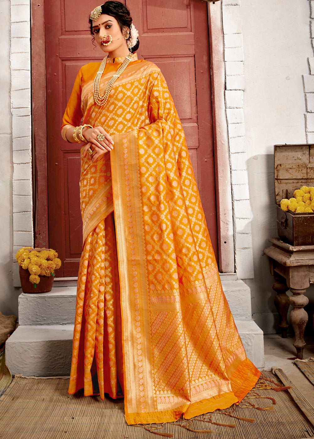 Buy MySilkLove Fire Bush Orange Zari Woven Banarasi Saree with Overall Jaal Online