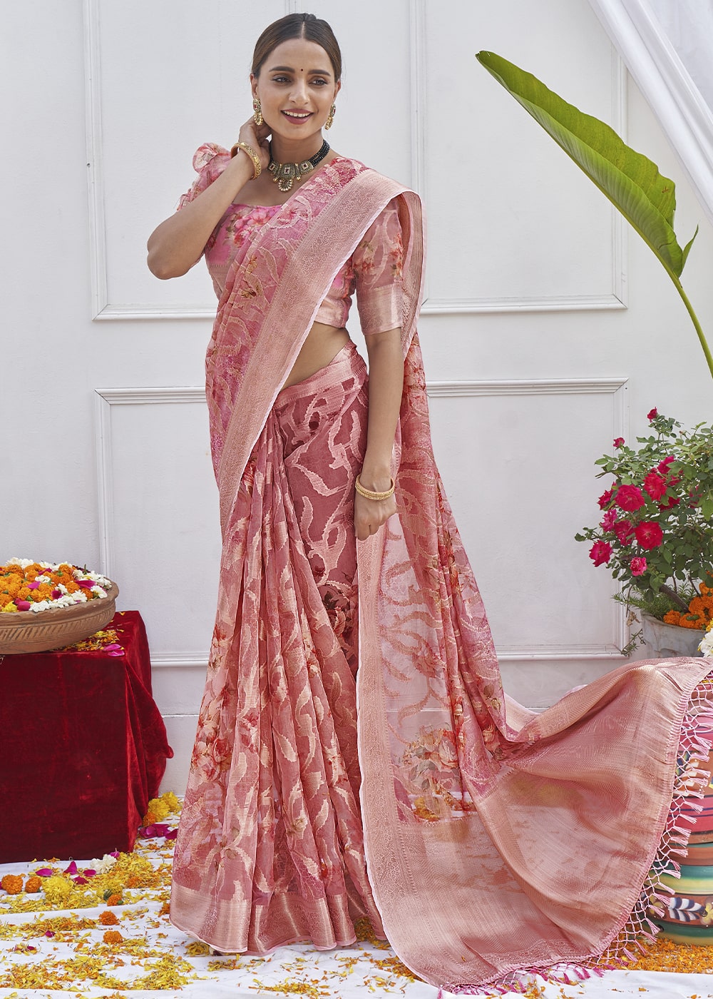 Buy MySilkLove Copper Penny Pink Digital Printed Organza Silk Saree Online