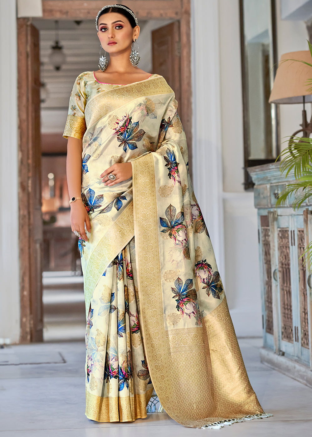 Buy MySilkLove Mint Julep Cream Digital Printed Banarasi Saree Online