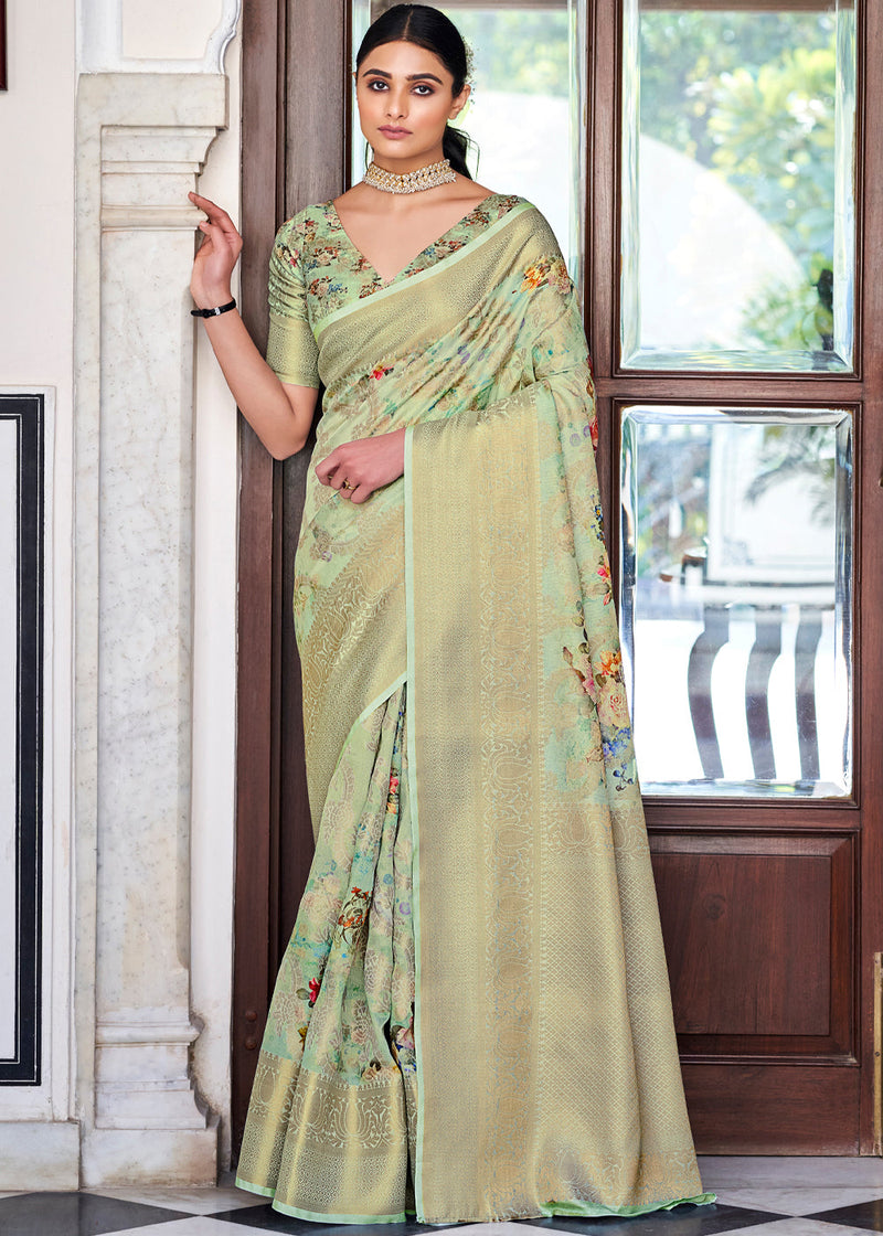 Coriander Green Zari Woven Floral Banarasi Saree