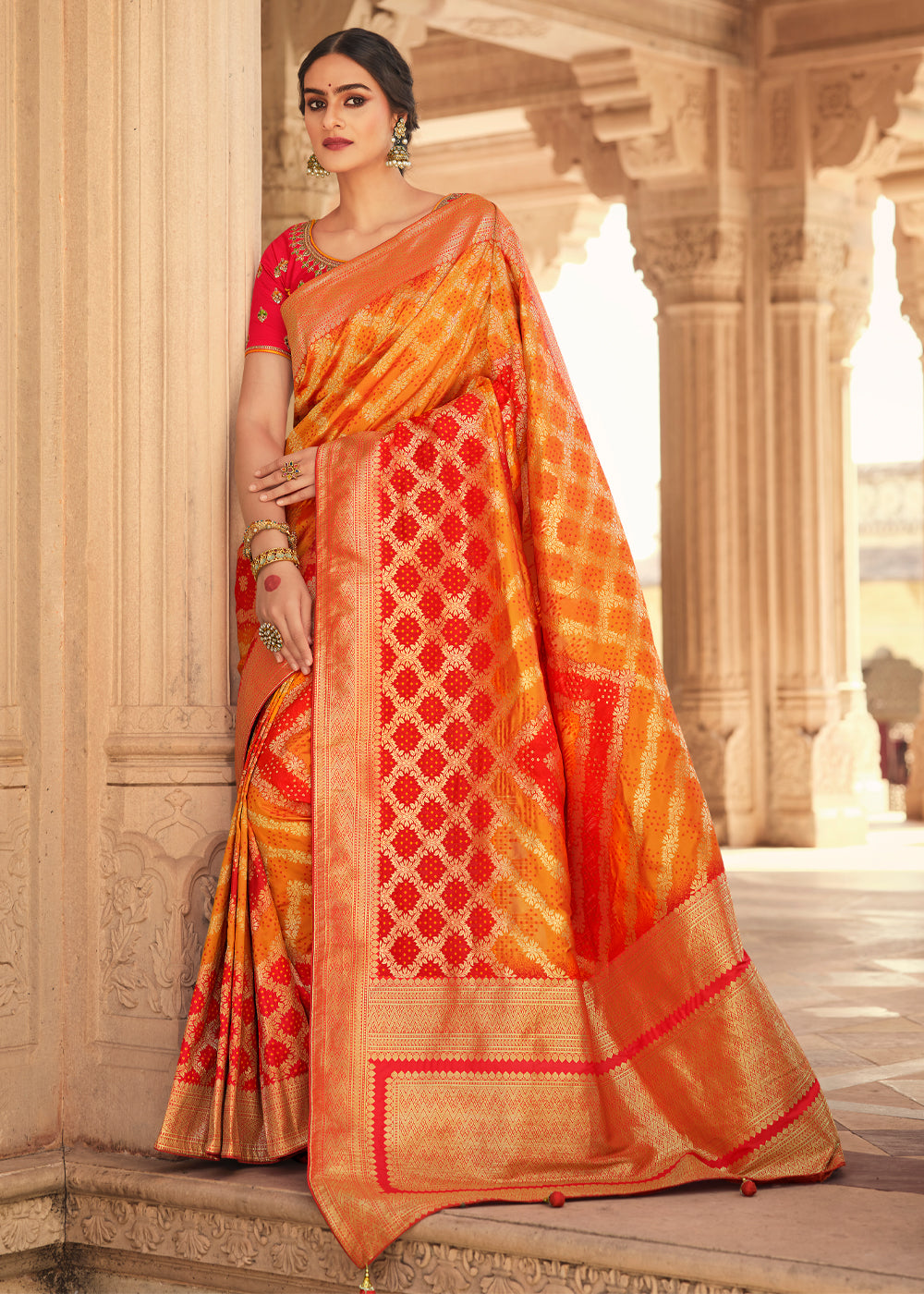 Buy MySilkLove Texas Orange and Red Zari Woven Banarasi Saree with Designer Blouse Online