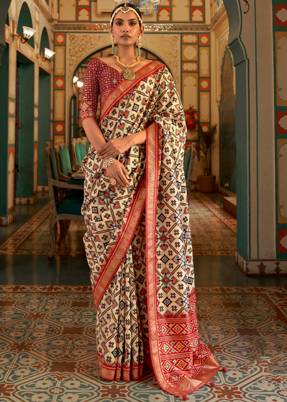 Buy MySilkLove Mojo Beige and Red Woven Patola Silk Saree Online