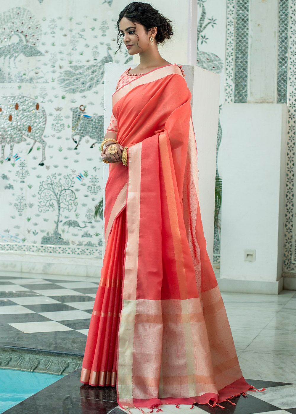 Buy MySilkLove Pearl Red Zari Woven Linen Saree Online