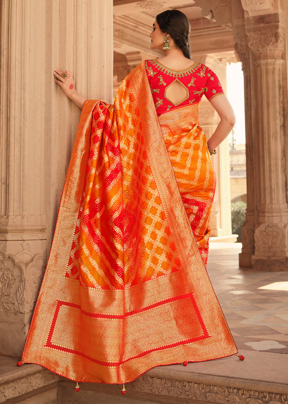 MySilkLove Texas Orange and Red Zari Woven Banarasi Saree with Designer Blouse