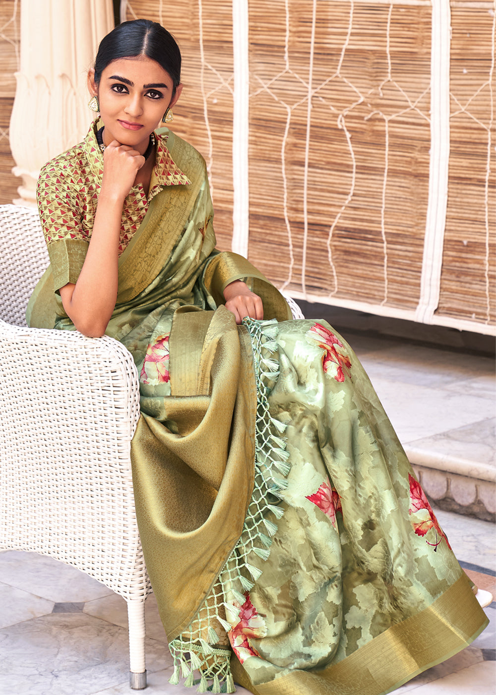 Buy MySilkLove Beryl Green Digital Printed Banarasi Cotton Saree Online