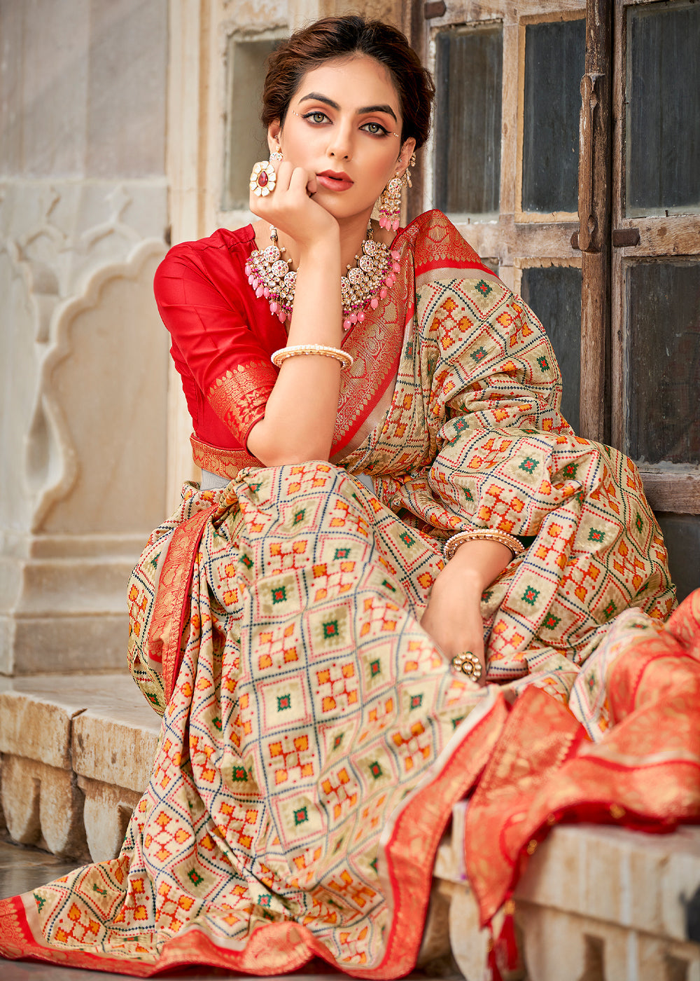 MySilkLove Apricot Cream and Red Zari Woven Patola Saree